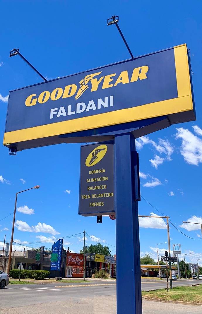 faldani neumáticos goodyear dealer sign on the road