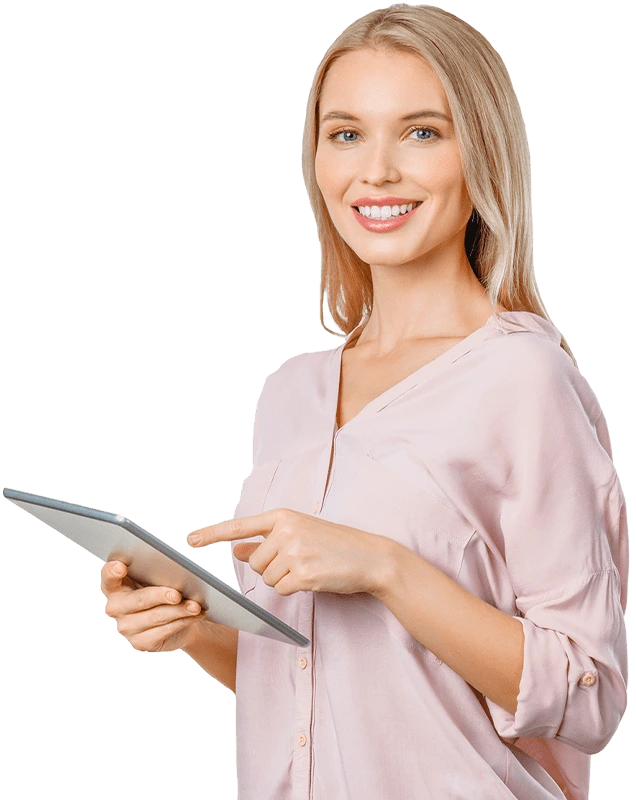 happy woman pointing at her ipad